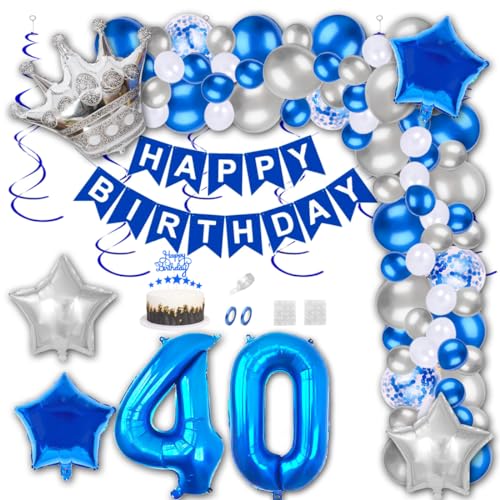 Aabellay 40 Jahre Geburtstag Dekorationen Blau Geburtstagsdeko Happy Birthday Banner Silber Konfetti Luftballons Nummer Folienballons Krone Stern Mylar Foil Ballon Tortendeko für Mann Frauen von Aabellay