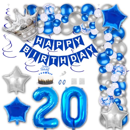 Aabellay 20 Jahre Geburtstag Dekorationen Blau Geburtstagsdeko Happy Birthday Banner Silber Konfetti Luftballons Nummer Folienballons Krone Stern Mylar Foil Ballon Tortendeko für Mann Frauen von Aabellay