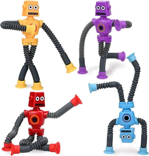 4 Stück Robot Pop Tubes für Kinder，Saugnapf Spielzeug Kinder，Sensorik Spielzeug für Kinder，Anti Stress Spielzeug Für Kinder Erwachsene，Lustiges Pädagogisches Stressabbau-Spielzeug von Aatpuss