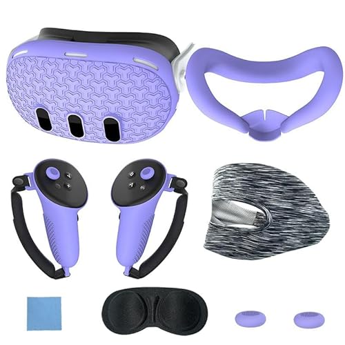 7-teiliges Set für Meta Quest 3 Zubehör, Quest 3 VR Silikon Face Cover, VR Shell Cover, Quest 3 Touch Controller Grip Cover, Schützende Objektivabdeckung, Einweg-Augenabdeckung (Lila) von Aayahakawa