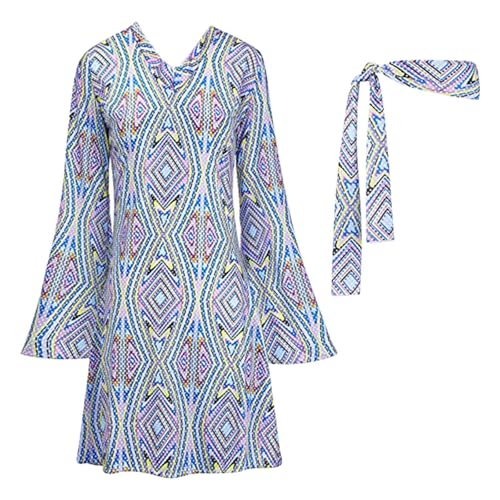 Aayahakawa 60er Jahre Disco Kleid für Damen Hippie Kleid Damen 70er Jahre Hippie Kostüme Disco Retro Damenkostüm Vintage 70er Jahre Kleid Bohemian Hippie Outfit 70er Jahre Kleid (Blau, XL) von Aayahakawa