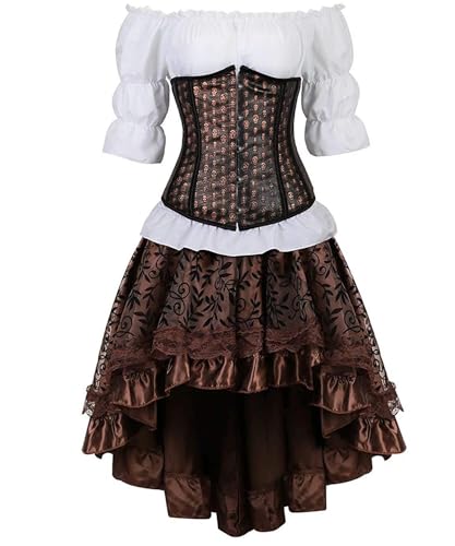 Aayahakawa Unterbrustkorsettkleid, 3-teiliges Outfit für Damen, Totenkopfrock, weiße Blusen-Set, Halloween (Set B, L) von Aayahakawa