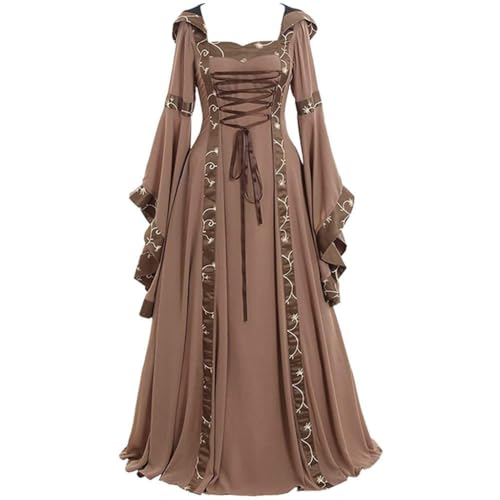 Aayahakawa Viktorianische Renaissance Kleider mit Kapuze Barock Kleid Mittelalter Kostüm Prinzessin Kleider Karneval Faschingskostüm Hexe Cosplay Kostüm Maxikleid (Braun, 4XL) von Aayahakawa