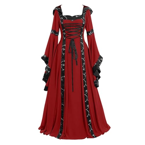 Aayahakawa Viktorianische Renaissance Kleider mit Kapuze Barock Kleid Mittelalter Kostüm Prinzessin Kleider Karneval Faschingskostüm Hexe Cosplay Kostüm Maxikleid (Rot, 4XL) von Aayahakawa