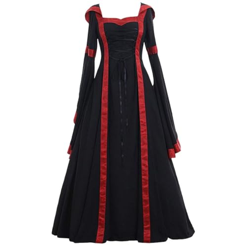 Aayahakawa Viktorianische Renaissance Kleider mit Kapuze Barock Kleid Mittelalter Kostüm Prinzessin Kleider Karneval Faschingskostüm Hexe Cosplay Kostüm Maxikleid (Weinrot, XL) von Aayahakawa