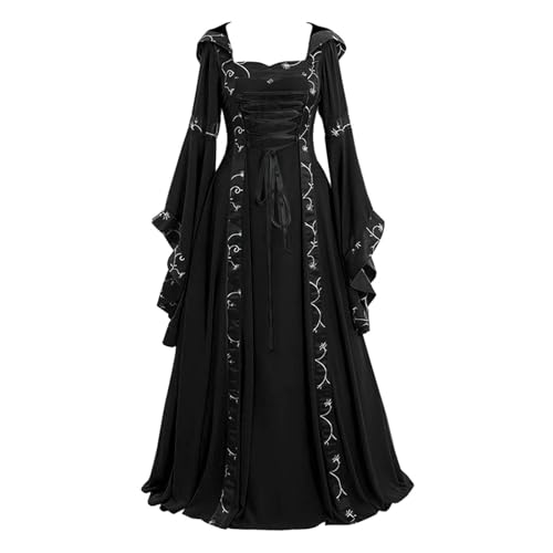 Aayahakawa Viktorianischen Renaissance Kleider mit Kapuze Barock Kleid Mittelalter Kostüm Prinzessin Kleider Karneval Faschingskostüm Hexe Cosplay Kostüm Maxikleid (Schwarz, 3XL) von Aayahakawa