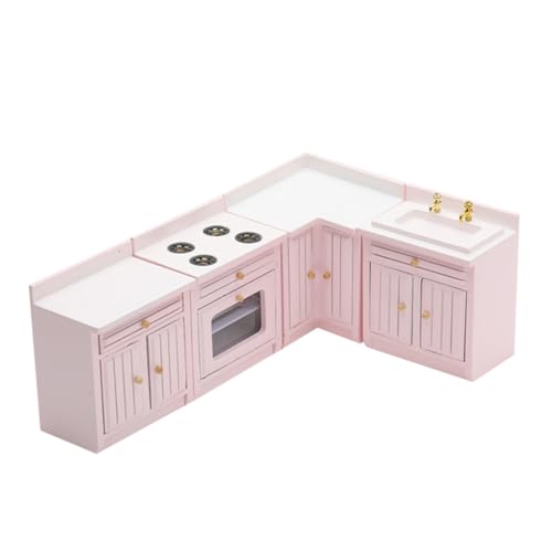 Abaodam 1 Satz Puppenhausküche Vierteiliges Set Möbel Häuser Miniatur Holzschrank Miniküche Spielhaus Mini-hausmodell Minischrank Hölzern Rosa von Abaodam