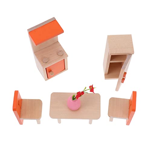 Abaodam 1 Satz Spielhaus Spielzeug Kinder Spielen Küchenzubehör Puppenstuben-esszimmerstühle Mini-esstisch Und Stühle Miniatur-küchenutensilien Mini-möbelmodell Miniküche Orange Hölzern von Abaodam