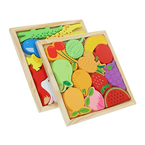 Abaodam 2er Set Holzpuzzle Für Lernspielzeug Mit Bunten Waldtieren Und Früchten Pädagogisches Puzzle Aus Für Kleinkinder Und Vorschulkinder Fördert Die Motorik Und Das Logische von Abaodam