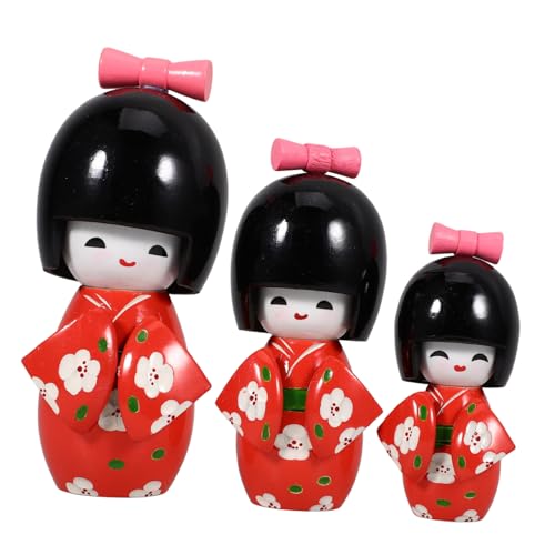 Abaodam 3St Kimono Puppen Puppe Mädchen-Kimono-Puppe Puppenhauspuppen Puppenhauszubehör Figur holzpuppe Holzornament Kimono-Puppendekoration entzückende Kimonopuppe hölzern rot von Abaodam