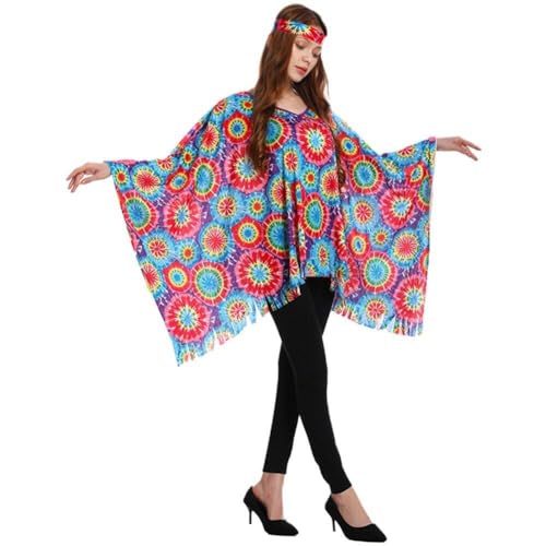 Abbdbd Damen 60er 70er Hippie Umhang Kostüm Damen Hippie Hose Kostüm Kurzes Hippie Kostüm Hippie Kleider Für Party Cosplay von Abbdbd