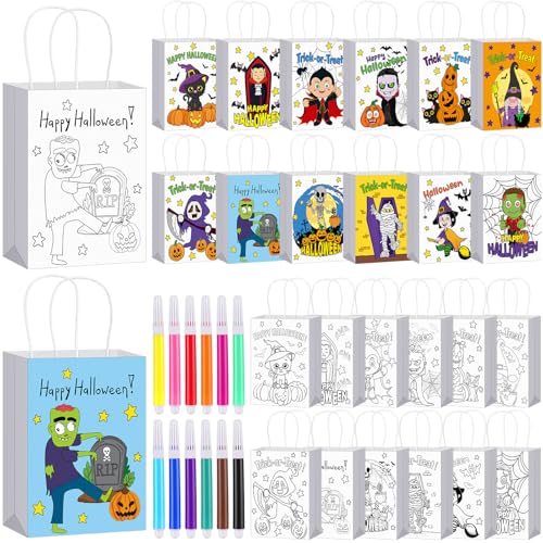 Abbylike 72 Stück Halloween-Tüten zum Ausmalen von Süßigkeiten oder Leckereien, Geschenktüten aus Papier, Partygeschenktüten mit 48 Markern für Halloween, Partygeschenke, Zubehör, DIY, Handwerk, von Abbylike