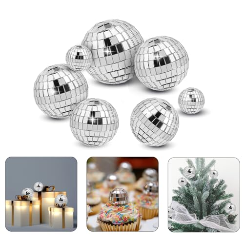 7 Stück Spiegelkugel Disco Spiegel Ball, Dia. 2,3-5 CM | Discokugel Kuchen Toppers Silber Discokugel Weihnachtsbaum, Spiegelkugel zum Aufhängen, Disco Ball Dekoration für 70er Jahre Disco Party von Abeillo