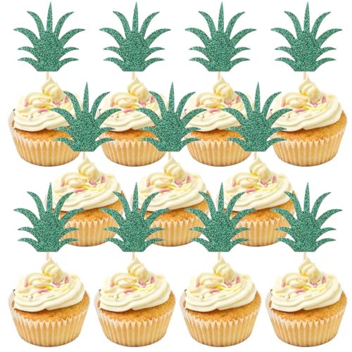 Abeillo 36 Stück Ananas Tortendeko, Tortendeko Geburtstag, Ananas Blätter Cupcake Topper Torten Deko, Glitzernde Ananasblatt Kuchenaufsätze, Hawaii Cupcake Topper Cake Toppers für Hochzeit Party von Abeillo