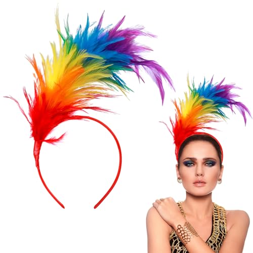 Abeillo Bunt Feder Haarschmuck,Karneval Regenbogen Kopfschmuck,1920er Rainbow Federstirnband,Charming Regenbogen Feder Haarreif,für Karneval Halloween Cosplay Kostüm Accessoires von Abeillo