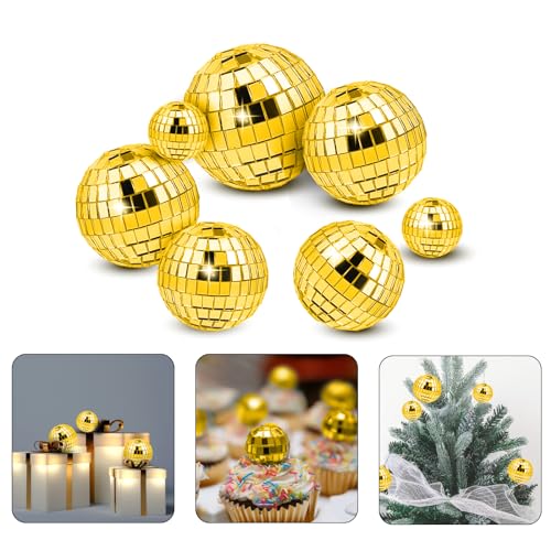 Abeillo 7 Stück Disco Spiegel Ball, Dia. 2,3/3/4/5 cm Discokugel Kuchen Toppers Gold Discokugel Weihnachtsbaum, Spiegelkugel zum Aufhängen, Disco Ball Dekoration für 70er Jahre Disco Party von Abeillo