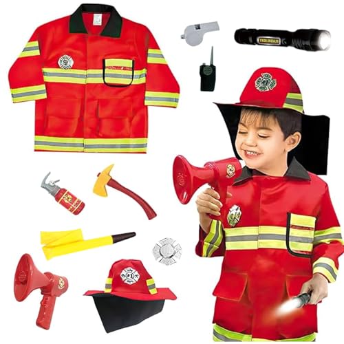 Abiemuce Feuerwehr Kostüm Kinder, Waschbares Feuerwehrmann Kostüm Kinder, Feuerwehr Rollenspiel Set mit Feuerlöscher Feuerwehrhelm Walkie-Talkie Feuerwehrmann Spielzeug, für Kinder 3 4 5+Jahren von Abiemuce