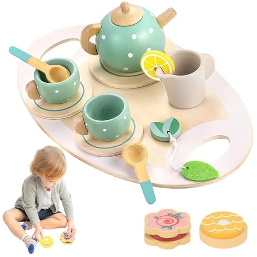 Abiemuce Teeservice Kinder Holz, Tee Set Holzspielzeug, Teeservice Kinderküche Zubehör, Teeparty Spielküche Rollenspiele, Teeset aus Holz für kleine Mädchen, Teeservice Kinder Holz Set für ab 3 Jahren von Abiemuce