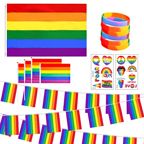 Abitoncc Gay Pride Wimpelkette Regenbogen-Wimpelkette Gay Pride Flaggen auf Stab 6 Stück Regenbogen Armband 2 Stück Regenbogen Tattoos Gay Pride Lgbt Gay Pride Party Dekorationen Bar Outdoor Dekor von Abitoncc