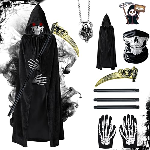 Abitoncc Halloween-Kostüm, schwarzer Sensenmann-Kostüm, 5 Stück, Halloween-Skelett-Reaper-Kostüm, schwarzer Umhang, Totenkopf-Handschuhe, Halloween-Cosplay-Zubehör, Halloween-Partygeschenke für von Abitoncc