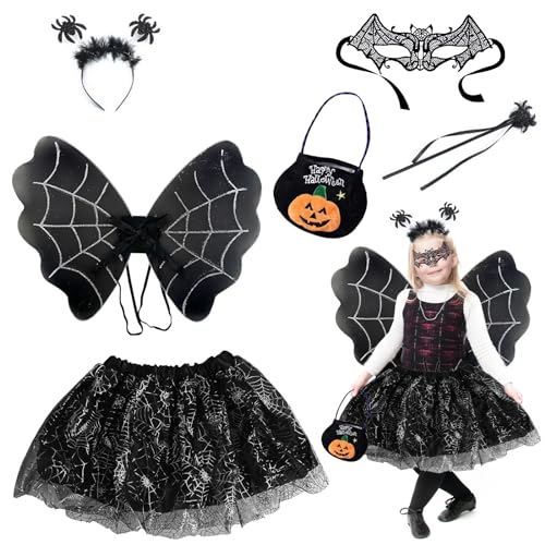 Abnaok Fledermaus Kostüm Kinder Set, Fledermaus Flügel Kostüm Mädchen-Halloween Tragetasche Batmaske, Tiara, Stab, Flügel und Tutu, für Mädchen 3-10Jahre Halloween Fasching Mottoparty (Schwarz) von Abnaok