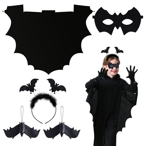 Abnaok Halloween Fledermauskostüm für Kinder, 5-teiliges Set Halloween Kostüm Kinder Fledermaus- Fledermaus Flügel+Fledermaus Maske+Fledermaus Haarspangen+2 Silikon Fledermäuse（92CM） von Abnaok