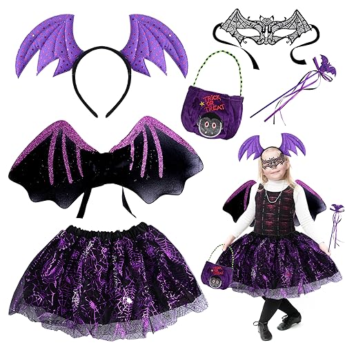 Abnaok Fledermaus Kostüm Kinder Set, Fledermaus Flügel Kostüm Mädchen-Halloween Tragetasche Batmaske, Tiara, Stab, Flügel und Tutu, für Mädchen 3-10Jahre Halloween Fasching Mottoparty (Lila) von Abnaok