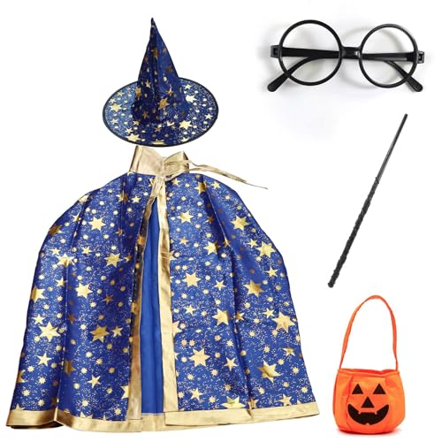 Abnaok Kinder Halloween Kostüme, Zauberer Kostüm Kinder Umhang mit Hut, Zauberer Mantel Kinder Kostüm Cosplay Kostüm Jungen/Mädchen (Blau) von Abnaok