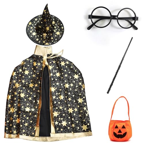 Abnaok Kinder Halloween Kostüme, Zauberer Kostüm Kinder Umhang mit Hut, Zauberer Mantel Kinder Kostüm Cosplay Kostüm Jungen/Mädchen (Schwarz) von Abnaok