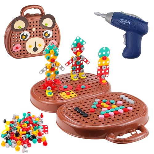 Abnaok Montessori Play Toolbox, Montessori Spielzeugkiste Steckspiel Mit Bohrmaschine Montessori Spielzeug ab 3 Jahre,3D Puzzle Mosaik Toy Creativity Tool Box with Drill für Kinder von 3-12 Jahren von Abnaok