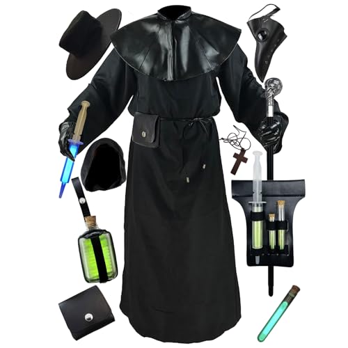 Absolute Vibe Pest Arzt Kostüm Umhang Robe Halloween Requisiten Mittelalter Mönch Priester Renaissance Cosplay, Schwarz, XXL von Absolute Vibe