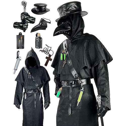 Pestarzt Kostüm Set Halloween Requisiten Renaissance Mittelalter Mönch Priester Cosplay Outfit Maske Hut Robe Cane (Schwarz, L) von Absolute Vibe