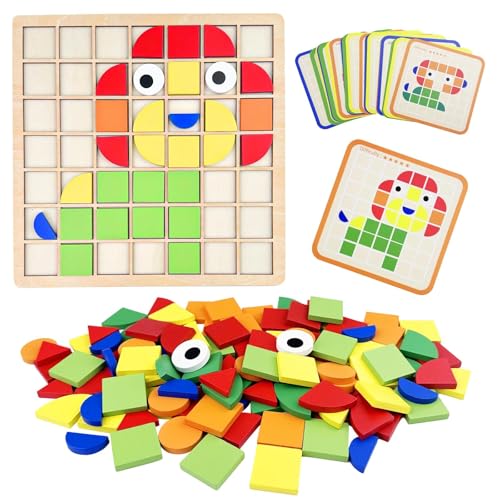 Absyrony 120pcs Kinder Puzzle mit Holz klötzen, Montessori Spielzeug ab 3 4 5 6 Jahre, Kreative Mosaik Holzpuzzle, Tangram Hölzerne Muster Blöcke, Geometrische Formen Holzpuzzles mit 20 Designkarten von Absyrony