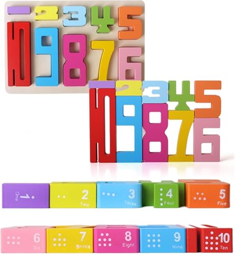 Wooden Number Building Blocks, Montessori Holz Zahlenblocks, 1-10 Bunt Stapelzahlen, Number Blocks Zahlen Zum Stapeln Und Rechnen (10 Pcs(no Cards)) von Accrue