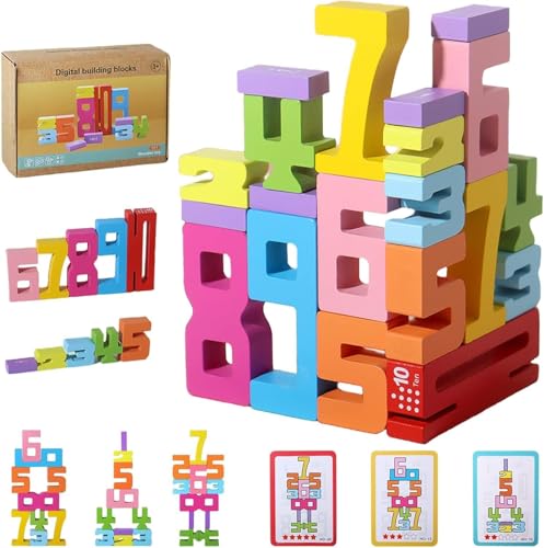 Wooden Number Building Blocks, Montessori Holz Zahlenblocks, 1-10 Bunt Stapelzahlen, Number Blocks Zahlen Zum Stapeln Und Rechnen (20 Pcs(15 Cards)) von Accrue