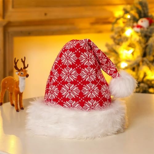 Acdolf Weihnachtsmütze Nikolausmütze Dicker Fellrand aus Plüsch Nikolaus Mütze Weihnachtliche Mütze Für Erwachsene Weihnachtsfeier Gestrickte Schneeflockenstruktur von Acdolf