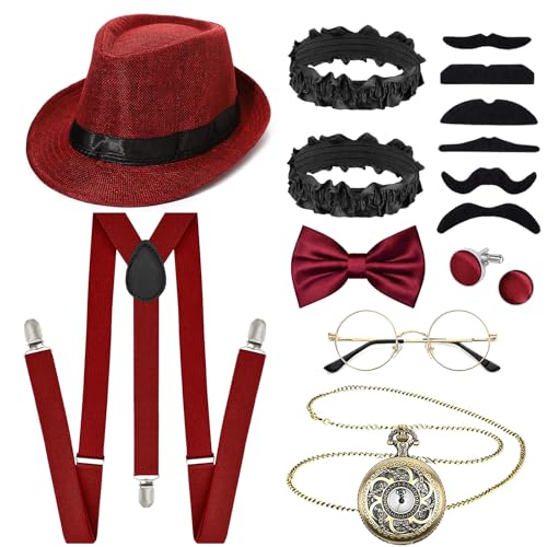 1920er Jahre Herren Accessoires Set, 20er Jahre Erwachsene Gatsby Gangster Zubehör Kit mit formellen Hutriemen für Partyzubehör Verkleiden (Rot) von Acehome