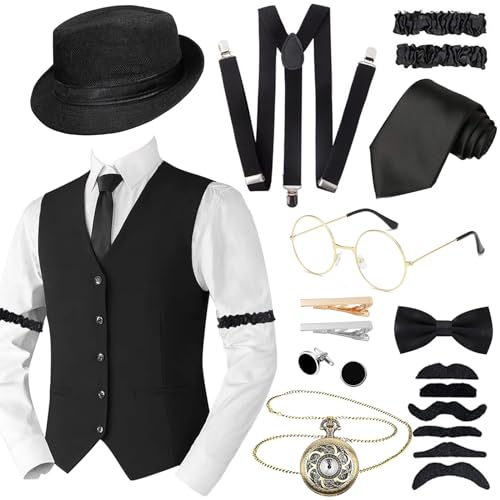 1920er Jahre Herren-Kostüm-Zubehör-Set für Erwachsene, brüllendes Retro-Kostüm der 20er-Jahre, Gatsby-Kostüm, Outfit mit Weste, Fedora-Hut, Schwarz, 4XL von Acehome