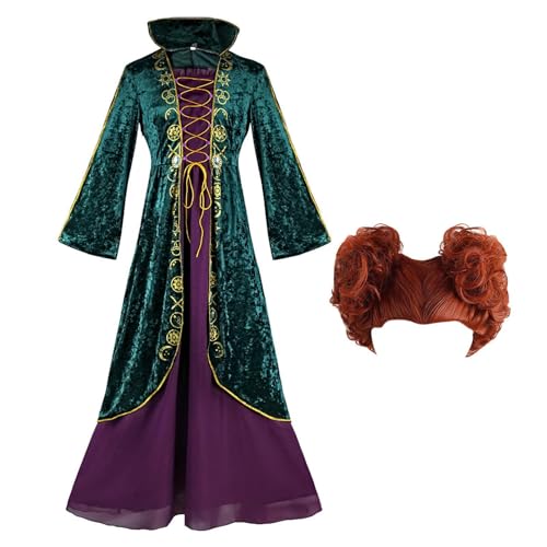 Aceirropy Halloween-Kostüme für Erwachsene und Damen, Ho-Cus-Po-Cus-Kostüm, Cosplay, Samt, Kleid mit blonden Perücken, Locken, mittelalterliches Renaissancekleid, Fasching, Abendkleid für Damen und von Aceirropy