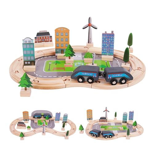 Aceirropy Holzeisenbahn-Set für Kinder,Holzeisenbahn-Set,Puzzle-Autobahn | Flexibles Gleisset für Kinder ab 3 Jahren, Set mit 46 Baustein-Gleisspielzeugen, Spielzeugauto zum Rollenspiel für Kinder von Aceirropy