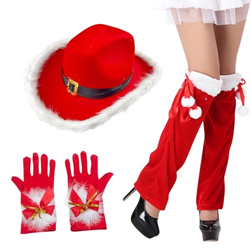 Aceirropy Weihnachts-Outfits für Damen, Weihnachtsmann-Cowgirl-Hut mit Handschuhen und Beinstulpen, Kostüm-Set, 3 x rotes Weihnachtsmann-Cosplay-Kostüm für Geburtstag, Weihnachten von Aceirropy