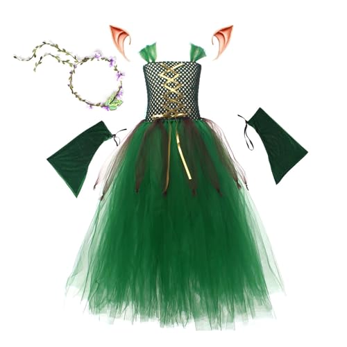 Halloween e-lfen Fee Kostüm,4 Teiliges Wald Themenset,Grünes e-lfen Mesh Tüll Kleid Set,Wald Themenset Feen Prinzessin Kleid Für Mädchen,Feen Kostüm Kinder,Halloween Wald Themenkostüm Für Cosplay von Aceirropy