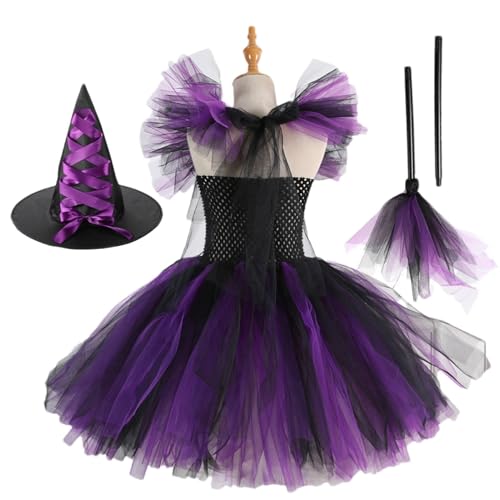 Hexenkostüm Kinder, Hexenkostüm Mädchen Halloween-Kostüm Für Kinder, Spitzen-Tüllkleid Mit Hexenhut-Besen, Halloween-Kostüme Für Mädchen, Bankett, Cosplay, Lustige Halloween-Kostüme Für 2–12 Jahre von Aceirropy