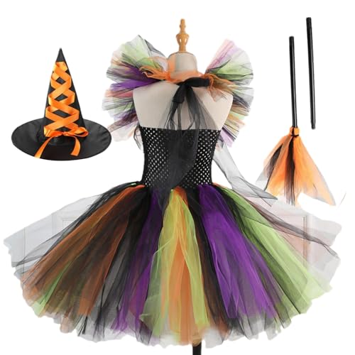 Hexenkostüm Kinder, Hexenkostüm Mädchen Halloween-Kostüm Für Kinder, Spitzen-Tüllkleid Mit Hexenhut-Besen, Halloween-Kostüme Für Mädchen, Bankett, Cosplay, Lustige Halloween-Kostüme Für 2–12 Jahre von Aceirropy