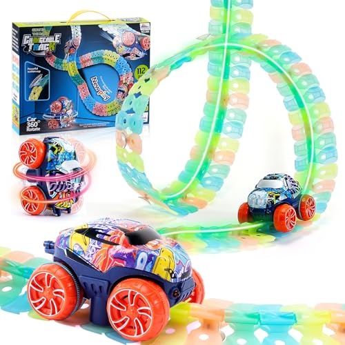 Autorennbahn Auto Spielzeug, 112PCS Leuchtend Autorennbahn für Kinder Flexibles Rennbahnen, Cars Spielzeug Geschenke 3 4 5 6 jährige Jungen und Mädchen, An der Wand Laufen, Gesamtlänge 2,7 m von Acemall