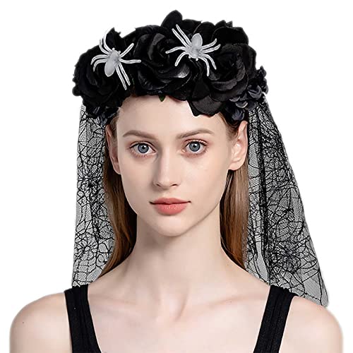 Acenail Floral Stirnband Schleier Frauen Blumenkrone Totenkopf Verstellbar Gothic Kopfstück Rose Blumengirlande Spinne Mexikanisches Stirnband Tag der Toten Kopfband Cosplay Halloween Kopfschmuck für Hochzeit (Schwarz) von Acenail