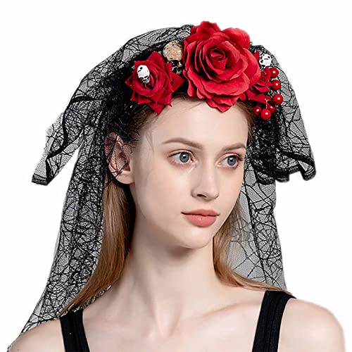 Acenail Floral Stirnband Schleier Frauen Blumenkrone Totenkopf Verstellbar Gothic Kopfstück Rose Blumengirlande Spinne Mexikanisches Stirnband Tag der Toten Kopfband Cosplay Halloween Kopfschmuck für Hochzeit (Rot) von Acenail