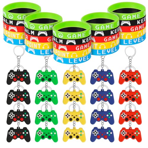 45 Stück Videospiel Controller Schlüsselanhänger Silikon Armbänder, Videospiel Party Mitgebsel, 20 Spiel Schlüsselanhänger und 25 Silikonarmband Kinder, für Videospiel-Themen Partyzubehör von Acentor