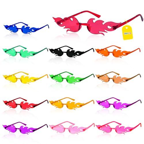 Acentor Flammen Sonnenbrille, 14 Stück Party Brillen, Party Sonnenbrille, Partybrille Set, Randlose Bunte Brillen, Spaßbrille für Fasching Foto Requisiten für Kinder und Erwachsene von Acentor