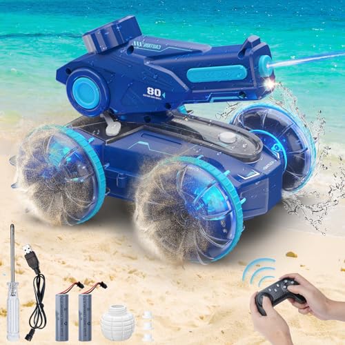 Aceshop Amphibisches Ferngesteuertes Auto, 2,4 GHz Wasserdichtes RC Stunt Auto Boot mit Sprühnebel, LED Licht und 360° Rotation 4WD Ferngesteuertes Boot für 6+ Jahre Jungen Mädchen Geschenke Spielzeug von Aceshop